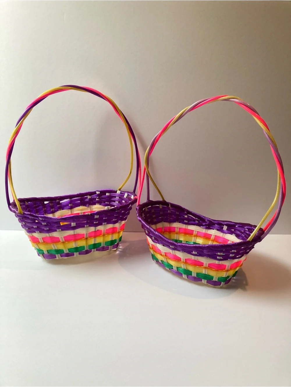 Vintage Easter Basket Set of 2 Pastel Plastic Vinyl Woven Ribbon 80s 90s Y2K VTG